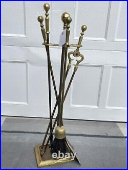 Vintage Brass Fireplace Tool Set 4 Tools And Stand Round Base Appx 30 Tall