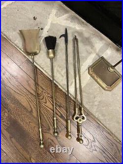 Vintage Brass Fireplace Tool Set 4 Tools And Stand Round Base Appx 30 Tall