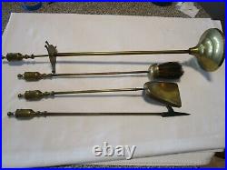 Vintage Brass Fireplace Tool Set 4 pc. Stand Holder finial Handles round base