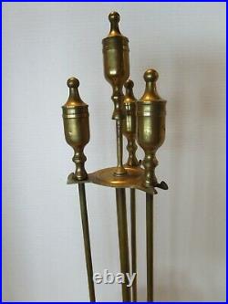 Vintage Brass Fireplace Tool Set 4 pc. Stand Holder finial Handles round base