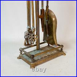 Vintage Brass Fireplace Tool Set 5 Piece 4 Tools Stand Free Shipping Nice Weight
