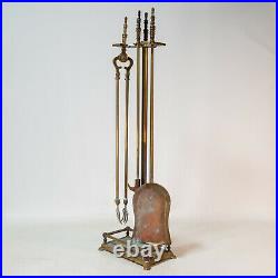 Vintage Brass Fireplace Tool Set 5 Piece 4 Tools Stand Free Shipping Nice Weight