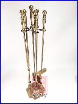 Vintage Brass Fireplace Tool Set 6 Pieces Tongs Poker Shovel Broom