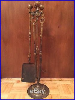 Vintage Brass Fireplace Tool Set Marked England Heavy Solid Antique