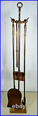 Vintage Brass Fireplace Tool Set Pokers Anchor Nautical 4 Tools Plus Stand