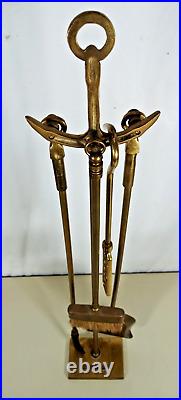 Vintage Brass Fireplace Tool Set Pokers Anchor Nautical 4 Tools Plus Stand