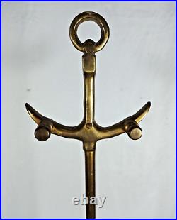 Vintage Brass Fireplace Tool Set Pokers Anchor Nautical 4 Tools Plus Stand