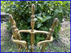 Vintage Brass Fireplace Tool Set With Stand Holder 4 Pc Bonus Brass Damper Pull