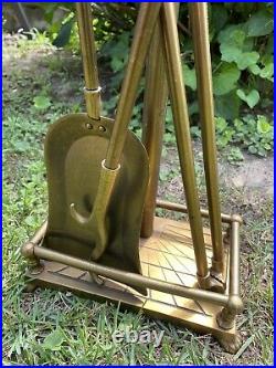 Vintage Brass Fireplace Tool Set With Stand Holder 4 Pc Bonus Brass Damper Pull