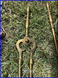 Vintage Brass Fireplace Tool Set With Stand Holder 4 Pc Bonus Brass Damper Pull