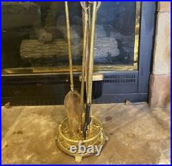 Vintage Brass Fireplace Tool Set With Stand Holder 4 Piece Polished Ball Handles