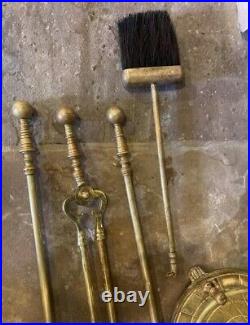 Vintage Brass Fireplace Tool Set With Stand Holder 4 Piece Polished Ball Handles