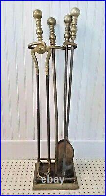 Vintage Brass Fireplace Tool Set With Stand Polished Ball Handles Heavy 20 Lbs