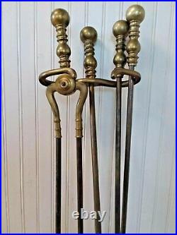 Vintage Brass Fireplace Tool Set With Stand Polished Ball Handles Heavy 20 Lbs