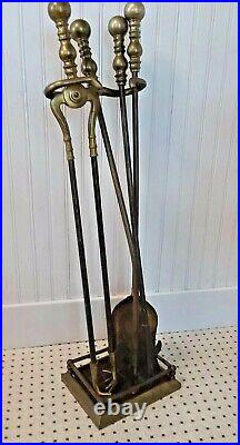 Vintage Brass Fireplace Tool Set With Stand Polished Ball Handles Heavy 20 Lbs