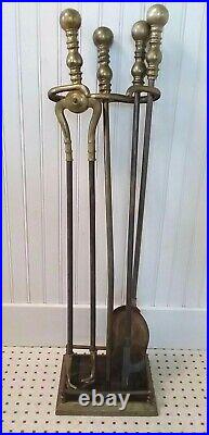 Vintage Brass Fireplace Tool Set With Stand Polished Ball Handles Heavy 20 Lbs