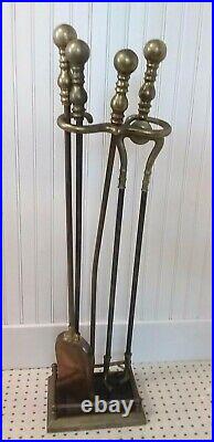 Vintage Brass Fireplace Tool Set With Stand Polished Ball Handles Heavy 20 Lbs