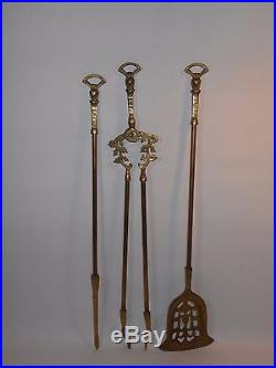Vintage Brass Fireplace Tools 4 Pc Set Hunting Scene with Dog & Rifle Hunting Horn