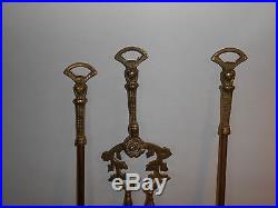 Vintage Brass Fireplace Tools 4 Pc Set Hunting Scene with Dog & Rifle Hunting Horn