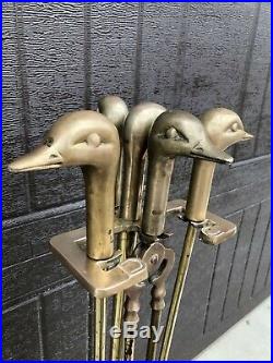 Vintage Brass Fireplace Tools Original Matched Set, Mallard Duck Head Handles