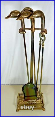 Vintage Brass Fireplace Tools Ornate Carved Duck Head Handles 4 Tools + Stand