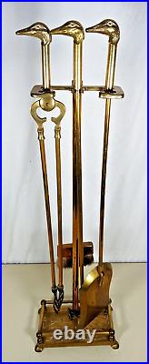 Vintage Brass Fireplace Tools Ornate Carved Duck Head Handles 4 Tools + Stand