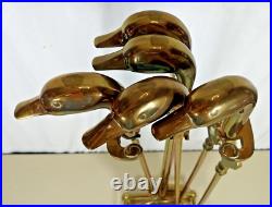 Vintage Brass Fireplace Tools Ornate Carved Duck Head Handles 4 Tools + Stand