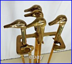 Vintage Brass Fireplace Tools Ornate Carved Duck Head Handles 4 Tools + Stand