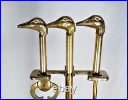 Vintage Brass Fireplace Tools Ornate Carved Duck Head Handles 4 Tools + Stand