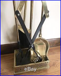 Vintage Brass Fireplace Tools Poker 5 Pc Set Brush Shovel Stand Mid Century
