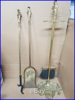 Vintage Brass Fireplace Tools Set 4 Piece Stand & Poker, Broom and Shovel