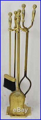 Vintage Brass Fireplace Tools Set 5 Piece Stand & Poker, Broom, Tongs and Shovel