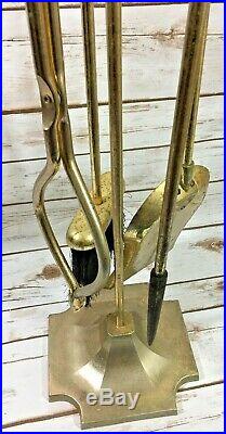 Vintage Brass Fireplace Tools Set 5 Piece Stand & Poker, Tongs, Shovel, Broom
