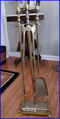 Vintage Brass Fireplace Tools Set Piece & Stand Heavy tongs shovel poker tool