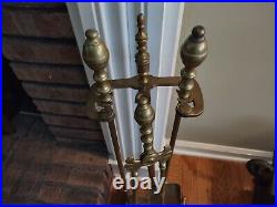 Vintage Brass Fireplace Tools Set Piece & Stand Heavy tongs shovel poker tool