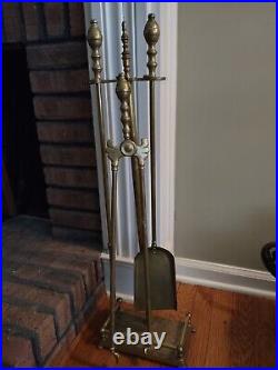 Vintage Brass Fireplace Tools Set Piece & Stand Heavy tongs shovel poker tool