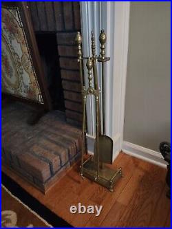 Vintage Brass Fireplace Tools Set Piece & Stand Heavy tongs shovel poker tool