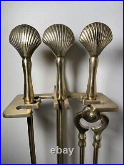 Vintage Brass Fireplace Tools Shell Clam Handle SET of Chimney Log Poker w Stand