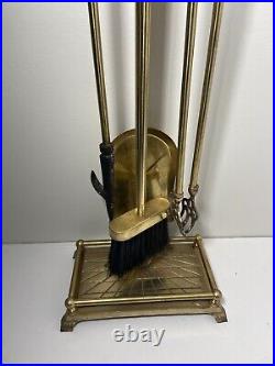 Vintage Brass Fireplace Tools Shell Clam Handle SET of Chimney Log Poker w Stand