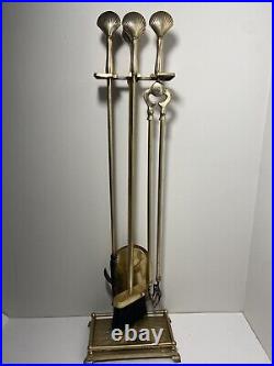 Vintage Brass Fireplace Tools Shell Clam Handle SET of Chimney Log Poker w Stand