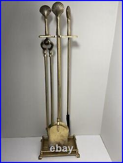 Vintage Brass Fireplace Tools Shell Clam Handle SET of Chimney Log Poker w Stand