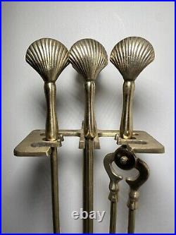 Vintage Brass Fireplace Tools Shell Clam Handle SET of Chimney Log Poker w Stand