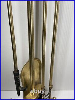 Vintage Brass Fireplace Tools Shell Clam Handle SET of Chimney Log Poker w Stand