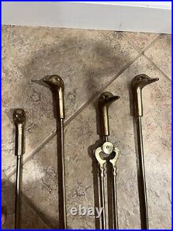 Vintage Brass Goose Duck Head Mallard Fireplace 5pc Tool Set