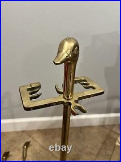 Vintage Brass Goose Duck Head Mallard Fireplace 5pc Tool Set