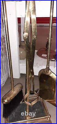 Vintage Brass & Green Marble Handle Fireplace 5 Piece Tool Set