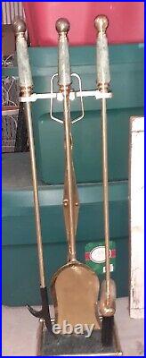 Vintage Brass & Green Marble Handle Fireplace 5 Piece Tool Set