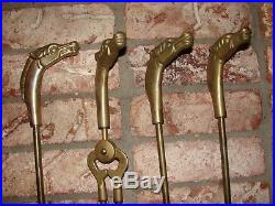 Vintage Brass HORSE HEAD Fireplace Complete 5-piece Tool Set