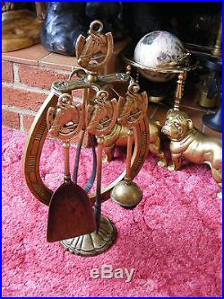 Vintage Brass Horse Head Fireplace Fireside Companion Set Tools Horseshoe Stand