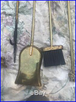 Vintage Brass Horse Head Fireplace Tools Set 4 Pieces with Stand